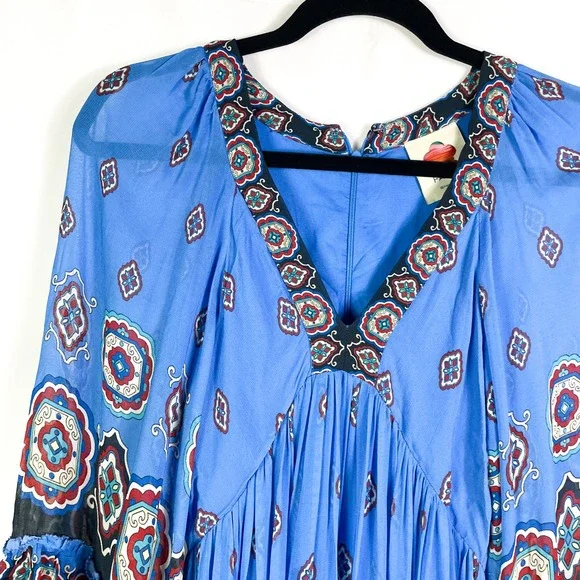 FARM Rio Ainka Tiles Dress Blue Floral Maxi Long Sleeve V-Neck Boho Sz XS - Picture 4 of 10